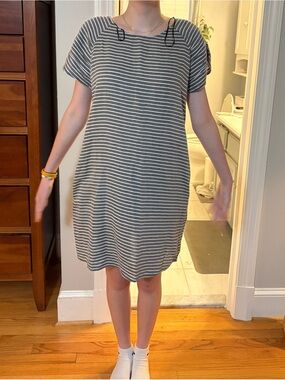 Roxy Gray and White Striped Short-Sleeve Mini Dress